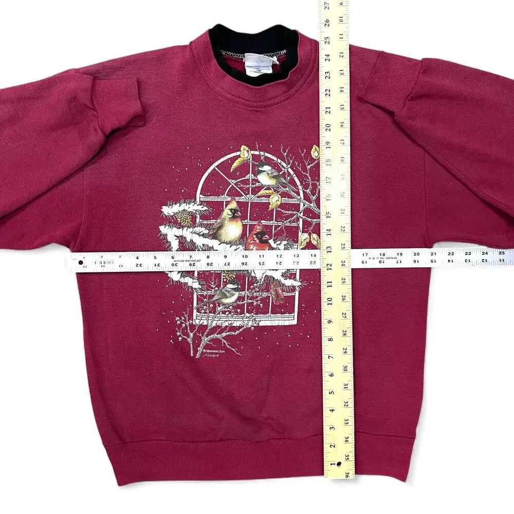 Vintage Winter Chickadee Bird Grannycore Double Collar Crewneck Sweatshirt M Red - Picture 14 of 14